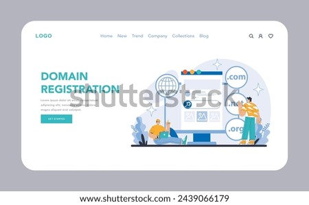 Internet services web or landing page. Domain Registration. Simplifying the process of acquiring online domain names. A gateway to internet presence for businesses and individuals.