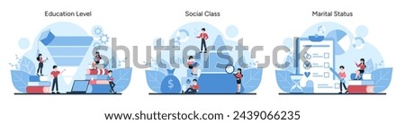 Market Segmentation trio. Showcases education, social class, and marital status as market categories. Captures the essence of consumer classification. Vector illustration