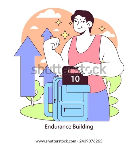Endurance training concept. A dedicated rucker adds weight to his backpack, showcasing progressive overload for building stamina in rucking activities. Flat vector illustration.
