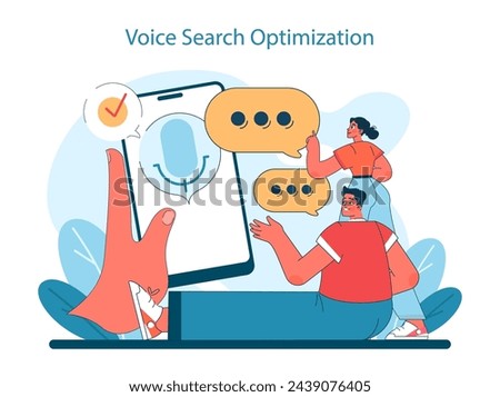 Marketing 5.0 concept. Capturing the essence of voice search optimization in user-device interaction for seamless digital experiences. Flat vector illustration.