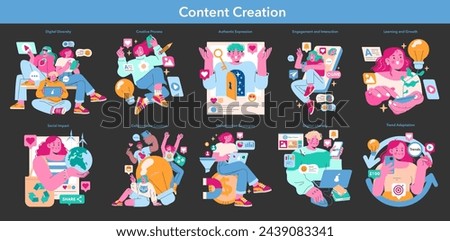 Content Creation set. Diverse online engagement and innovative digital strategies. Exploring artistic collaboration, expressing authenticity, harnessing social influence. Vector illustration.