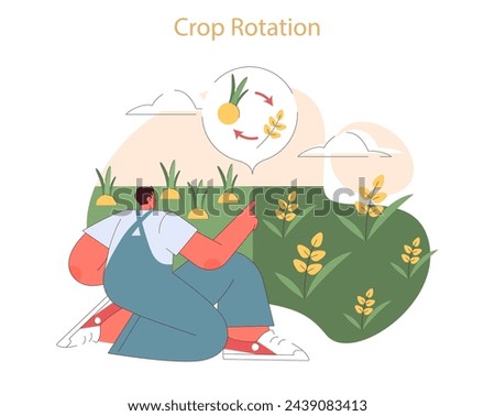 Crop Rotation concept. Farmer planning diverse plant cycles to promote soil health and sustainable agriculture. Farming strategy for resource efficiency.