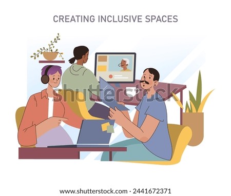 Creating Inclusive Spaces concept. A collaborative setting where diverse individuals engage in open dialogue via digital platforms. Fostering a community of acceptance.