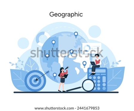 Geographic Segmentation concept. Illustration depicts global market analysis with a focus on regional consumer targeting and strategy development. Vector illustration