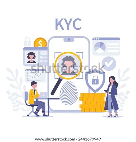 KYC concept. A seamless blend of biometric verification, digital profiles, and financial scrutiny to ensure stringent user authenticity. Flat vector illustration.