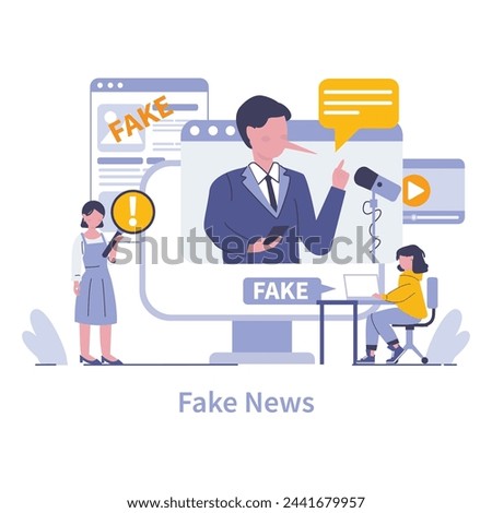 Fake News concept. The spread of misinformation through digital media highlighted with cautionary symbols and skeptical characters. Vector illustration.
