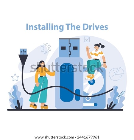 Drive Installation concept. Detailed visualization of hardware setup and system upgrades. Focus on enhancing data storage capabilities. Flat vector illustration.