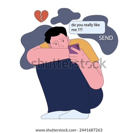 Fear of being unloved. Insecure and sad young man texting to his lover. Lack of validation in relationships or low self-esteem. Anxious attachment style. Flat vector illustration