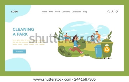 Park preservation concept. Eager young volunteers gather litter, promoting environmental health in community park. Unity in eco-friendly action. Good will and help in ecology. Vector illustration
