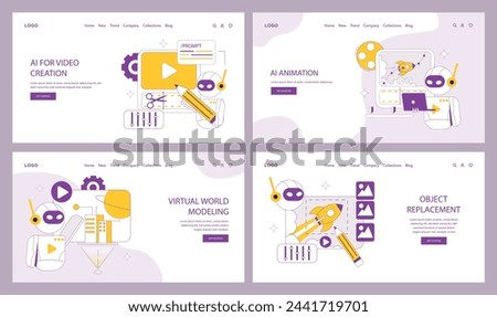 AI Integration Set. Streamlining video production, animating digital elements, reshaping virtual environments, refining object placement. User-centric design interfaces. Vector illustration.