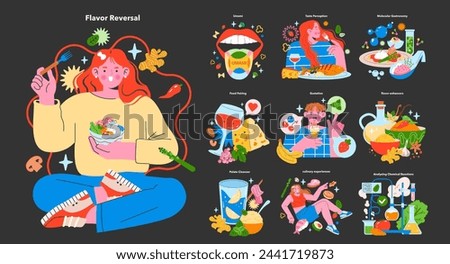 Gastronomic Exploration Set. A whimsical dive into flavor reversal, umami discovery, innovative food pairings, and molecular gastronomy. Celebrating culinary creativity. Vector illustration.