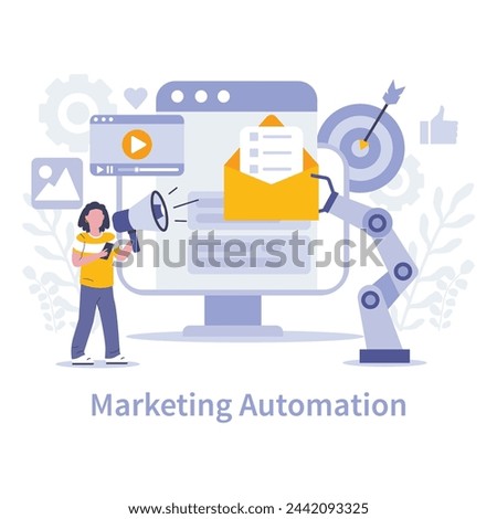 Marketing automation concept. Streamlined digital campaigns with automated workflows and analytics for targeted customer outreach. Efficiency in communication, strategic scaling. Vector illustration.