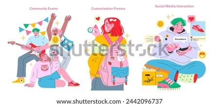 Teen Retail Interaction set. Teens enjoy live music, personalize accessories, and engage on social platforms. Community bonding, creative expression, digital connectivity. Vector illustration.