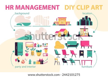 HR management set. Abstract office backgrounds, vibrant urban locations. Workplace party essentials and modern interior furnishings. Creating inviting workspaces. Vector illustration.