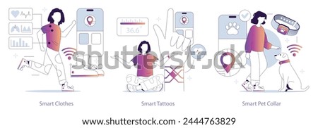 Wearable Tech set. Smart clothes with integrated health data, tattoos for monitoring, and pet collars for tracking. Seamless tech integration in daily life. Vector illustration.