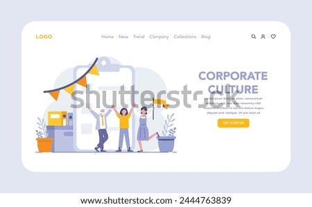 Corporate culture web or landing page. Cultivating a strong business ethos and employee camaraderie. Upholding ethics and norms in a professional environment. Celebrating teamwork and unity.