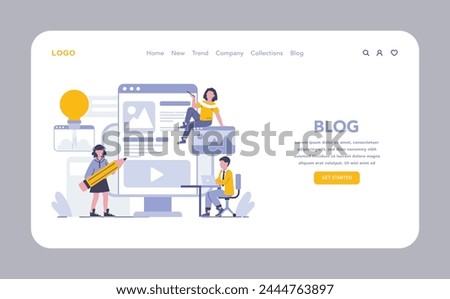 Blogging web or landing page. Creative content creation and sharing ideas through personal blogs. Visual storytelling and online influence. Vector illustration.