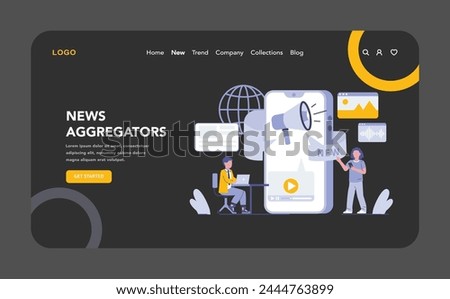 News Aggregators web or landing page. Centralized content curation from diverse sources for informed global audiences. Streamlined access to varied media. Vector illustration.