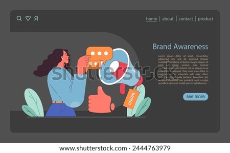 Brand Awareness concept. A woman confidently amplifies her message, epitomizing the spread of brand recognition with a megaphone and positive gesture. Flat vector illustration