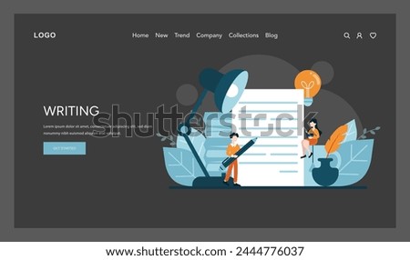 The Art of Expression concept. A creative burst illuminates the writer path. Thoughts flow into words under the writer pen. Literature comes alive on the paper canvas. Vector illustration