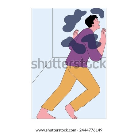 Fear of limitation. Horrified man trapped by the borders. Person limited in closed space. Man with panic attack, anxiety, fear, phobia of confined places. Flat vector illustration