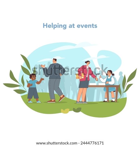 Community engagement concept. Eager young volunteers facilitate and guide participants at local event. Fostering culture of involvement and service. Accommodating participants. Vector illustration