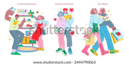 Teen Retail Experience set. Youthful shopping spree, teens exploring in-store and fashion trends. Capturing moments, sharing style, enjoying retail therapy. Vector illustration.