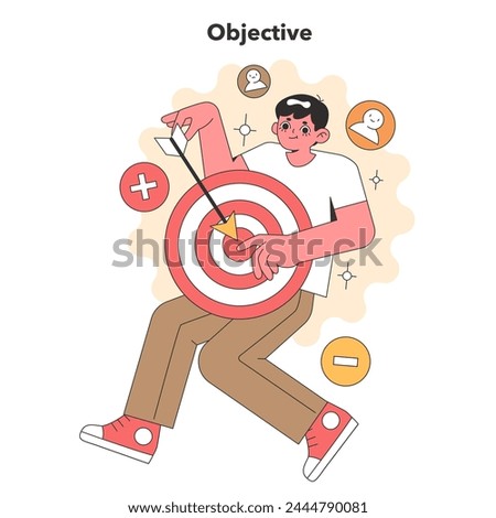 Sleek vector image of a character precisely hitting a bullseye, encapsulating objectivity with a minimalist design and a subtle color scheme