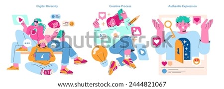 Social Media Engagement set. Colorful scenes depicting digital diversity, the creative process, and authentic expression online. Celebrating creativity in the virtual space. Vector illustration