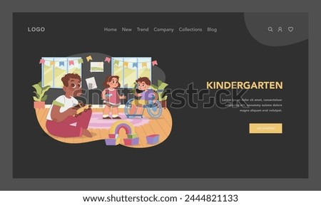 Inclusive kindergarten scene. Joyful play with toys, diverse group of young friends, and child in wheelchair. Early education at nursery school with equality and care. Flat vector illustration