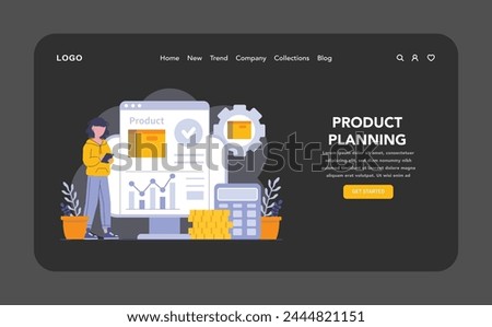 Product planning night or dark mode web or landing page. A strategic approach to production with cost analysis and quality assurance in focus. Detail-oriented financial planning. Vector illustration.