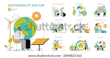 Sustainability and CSR set Ethical business strategies for eco-friendly growth Clean energy, circular economy, and corporate responsibility themes Vector illustration