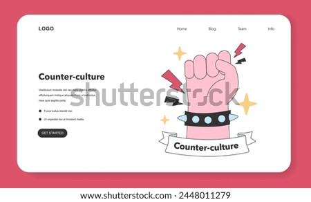 Iconic raised fist symbolizing counter-culture's strength and defiance, set against a backdrop of electric energy and resistance. Flat vector illustration