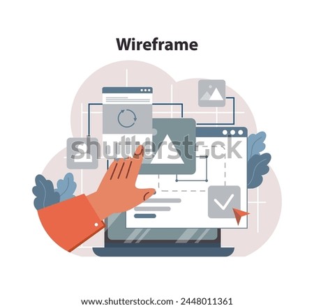 Wireframe Development concept. Designer's hand crafting a responsive website layout, emphasizing essential elements and visual hierarchy. Ensuring user-centric design. Flat vector illustration