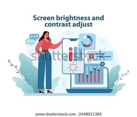 Optimal Screen Settings Illustration. A woman adjusts a display's brightness and contrast, highlighting the importance of proper screen settings for eye comfort. Flat vector illustration.