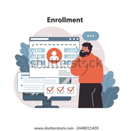 Enrollment process concept. Man analyzing user profile on computer. Digital registration, data entry and verification. Online application acceptance. Flat vector illustration