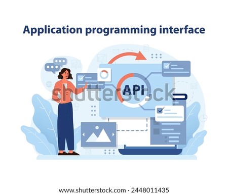 API Integration and Development. A professional demonstrates the use of APIs to connect services and data for enhanced software interoperability. Flat vector illustration.