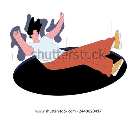 Fear of loosing control. Terrified young woman falls into the dark void, afraid of unknown. Powerless and overwhelmed character mental disorder. Flat vector illustration