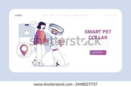 Pet Care collar web or landing page. Owner and dog with smart collar for location tracking and health monitoring. Pet tech for safety and connectivity. Vector illustration.