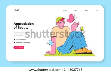 Appreciation of Beauty concept. Relaxed man in nature, marveling at the simplicity and allure of his surroundings. A moment of gratitude. Vector illustration