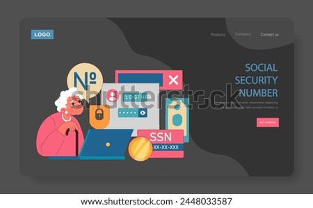 Online Security Dilemma. An elderly woman puzzled by the Social Security Number prompt on a computer screen. Login issues. Personal data protection. Flat vector illustration.