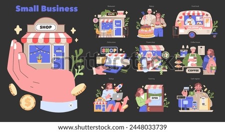 Small Business diversity set A vibrant look into the local economy, depicting shops, cafes, online ventures, and street food Entrepreneurial spirit in a modern marketplace Vector illustration