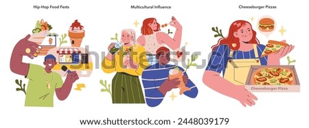 Multicultural influence set showcases diverse people enjoying global fusion food. Hip-hop vibes, shared meals, cultural blend. Vector illustration.