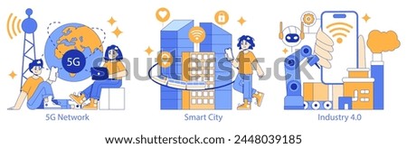 Hyperconnectivity set. Showcasing 5G network implementation, smart city living, and automated industry 4.0. Next-gen communication, urban tech integration, robotic manufacturing. Vector illustration.