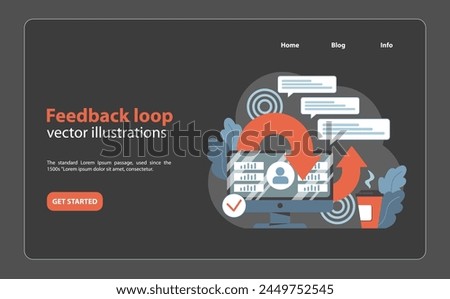 Feedback loop concept. Desktop displays data analysis while continuous circle arrow indicates ongoing evaluation from user comments. Streamlined process enhancement. Flat vector illustration.