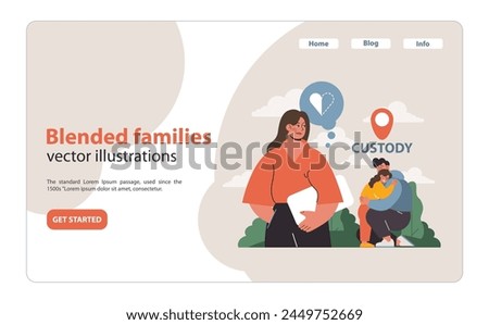 Child Custody Visual. A confident woman holds documentation while in the background, a saddened father embraces his child, illustrating the emotional complexities of custody battles. Flat vector.