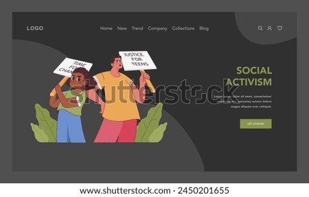 Social Activism concept. Youthful voices amplify the call for justice, as two teens confidently take a stand for change, illustrating their pivotal role in societal shifts. Flat vector illustration