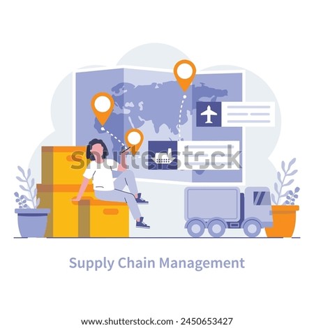 Supply chain concept. Coordinating flow of goods from origin to consumer. Optimizing logistics for seamless end-user delivery. Global supply network efficiency. Vector illustration.