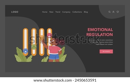 Emotional regulation dark or night mode web, landing. Cheerful child adjusts mood sliders, selecting from happy to sad emotions. Balanced mental well-being. Flat vector illustration