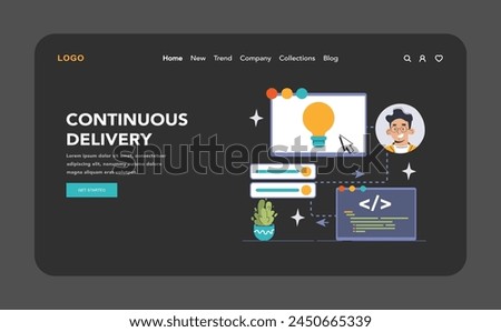DevOps web banner or landing page dark or night mode. Software development and it operations life cycle, programming and IT service integration and automation. Flat vector illustration